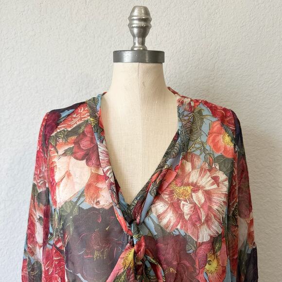 HAUTE HIPPIE Top Blouse Red Floral Silk Chiffon Sheer Puff Sleeve Boho - Picture 3 of 10